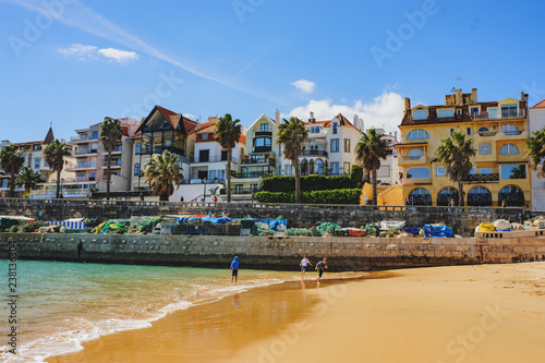 CASCAIS, PORTUGAL - MARCH 26, 2018: A beautiful view of famous Cascais old city center, beach and tourists