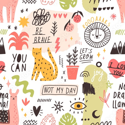 Seamless pattern with handwritten slogans and animals, plants, symbols hand drawn in trendy doodle style. Creative colorful vector illustration for textile print, wrapping paper, backdrop, wallpaper.