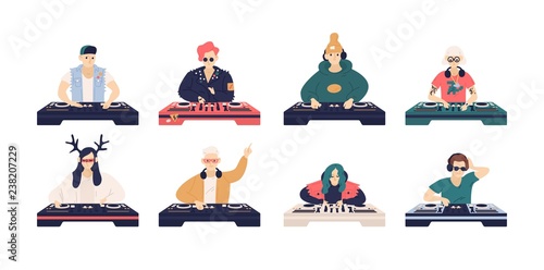 Collection of male and female DJ s isolated on white background. Bundle of cute funny disc jockeys playing music records on audio mixers or controller. Vector illustration in flat cartoon style.