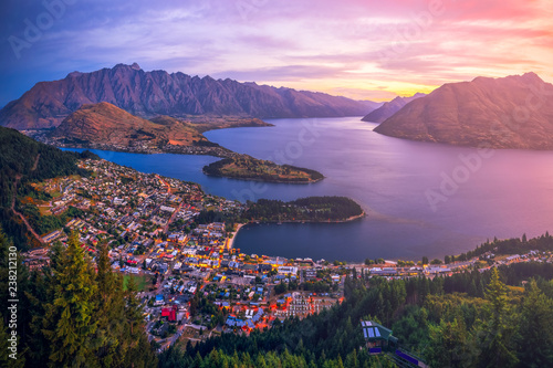 Aerial view of Queenstown downtown at twilight sunset, South Island, New Zealand