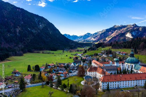 Aerial view, Benedictine abbey Ettal monastery, Ettal, Oberammergau, Bavaria, Germany