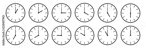 horizontal set of analog clock icon notifying each hour isolated on white,vector illustration