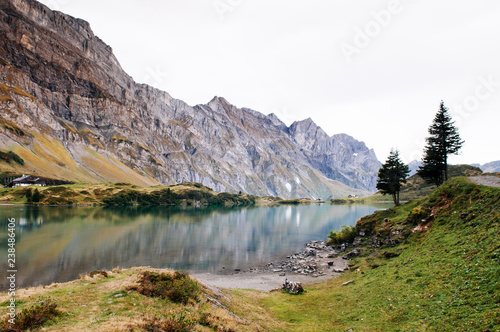 Trubsee lake with Mount Graustock and Swiss Alps of Engelberg
