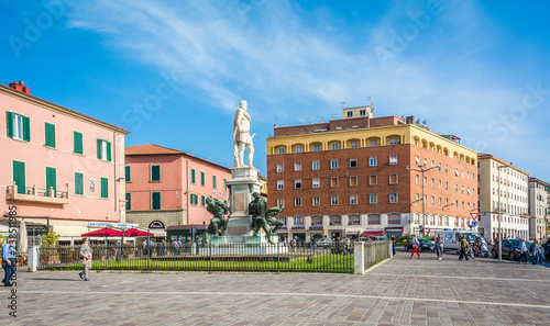 the Monument of the Four Moors in Livorno, Italy. It is dedicated to Grand Duke Ferdinando I de Medici of Tuscany.the statue with black African characteristics