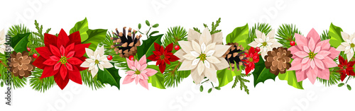 Vector Christmas horizontal seamless garland with colorful poinsettia flowers.