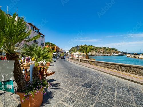 Lacco Ameno, Corso Angelo Rizzoli, beach with colorful houses and restaurant, island of Ischia, Naples, Gulf of Naples, Campania, Italy