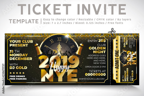 Invitation Ticket. Ticket party, new year invite. gold champagne. elegant holiday party invitation. Flyers. 2019. invitations. invitation card, Template