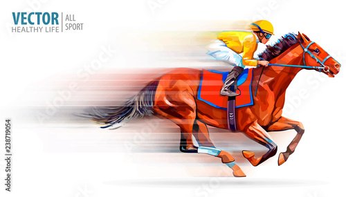 Jockey on racing horse. Champion. Hippodrome. Racetrack. Horse riding. Vector illustration. Derby. Speed. Blurred movement. Isolated on white background.