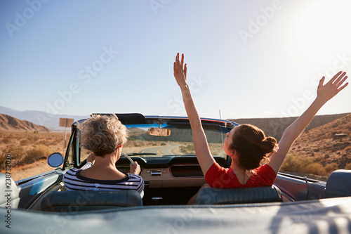 Mum driving car, daughter with hands in the air, back view