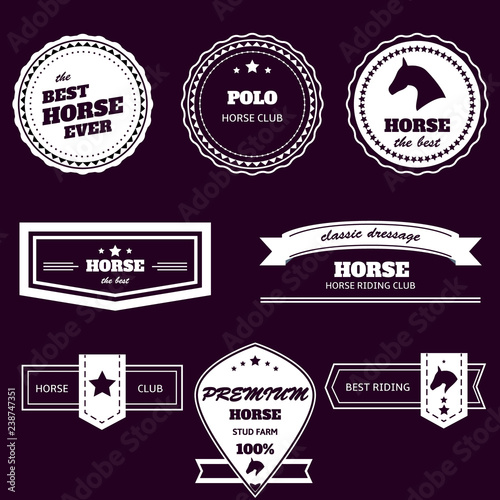 Equestrian sport two-colored emblems set on dark background.