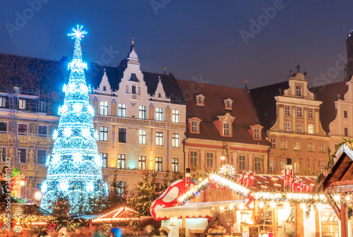 Christmas night market place in Wroclaw, Poland