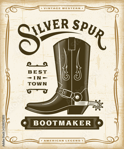 Vintage Western Bootmaker Label Graphics. Editable EPS10 vector illustration in woodcut style.