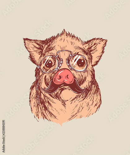 Hand draw a portrait of a little pig in pince-nez and mustache. Vector sketch illustration. Symbol of a Chinese New Year 2019.