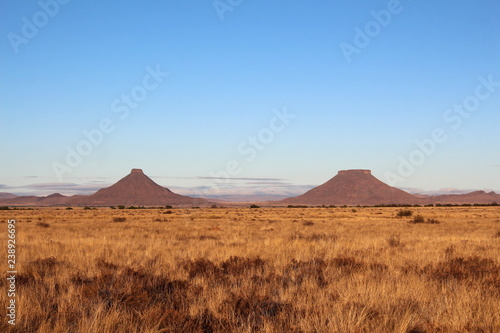 Two well known flat top mountains in the central Karoo called Koffiebus and Teebus, South Africa.