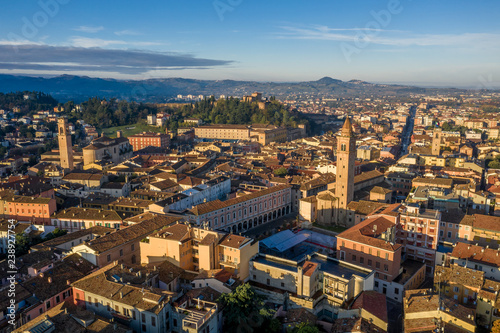 Morning aerial panorama of Cesena in Emilia Romagna Italy near Forli and Rimini, with medieval Malatestiana castle, Piazza del Popolo and Roman Catholic churches and cathedral