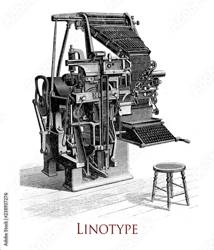 Linotype printing machine, it produces an entire line of metal type at once, significative improvement over the previous industry standard of manual letter-by-letter typesetting