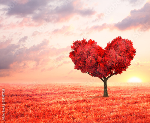 fantasy landscape with red tree in shape of heart