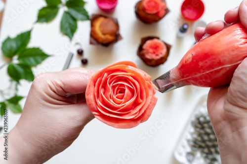 on white background cake molds, spatula, corolla, cones for cream, korean buttercream flowers