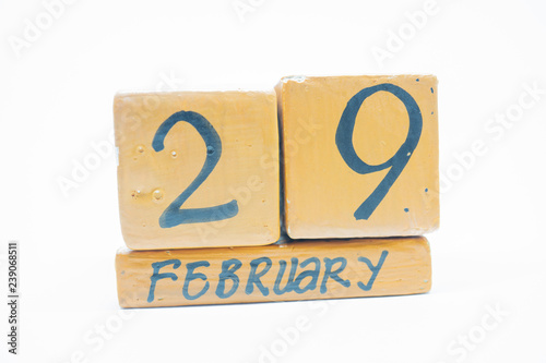 February 29th. Day 29 of month, handmade wood calendar isolated on white background. Winter month, day of the year concept. intercalary year, bissextile, leap-year