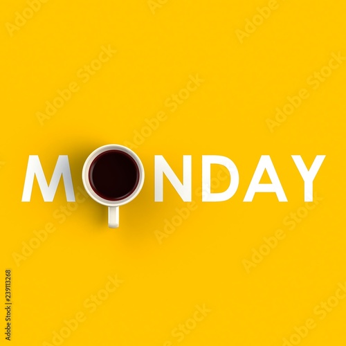 Top view of a cup of coffee in the form of monday isolated on yellow background, Coffee concept illustration, 3d rendering