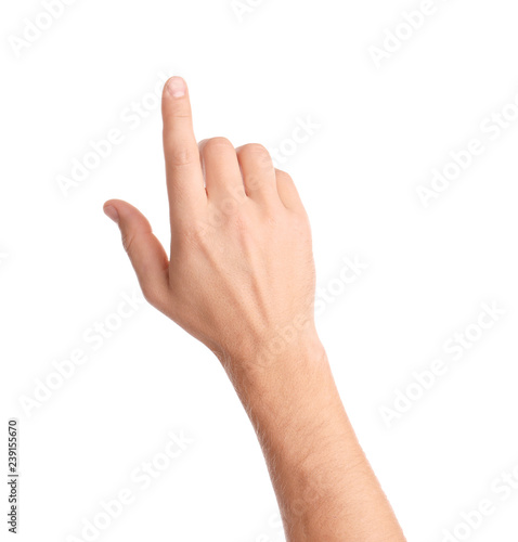 Man pointing at something on white background, closeup of hand