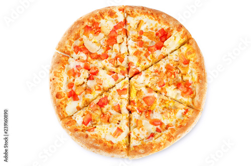 Pizza with cheese, chicken and fresh tomato slices