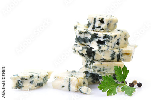 Blue cheese on white background