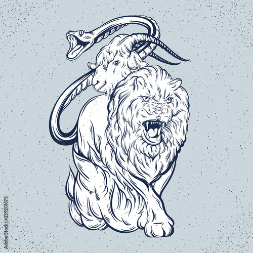 Vector hand drawn illustration of chimera . Mythological magic religion victorian motif, tattoo design element. Heraldry and logo concept art. Template for card poster banner print for t-shirt.