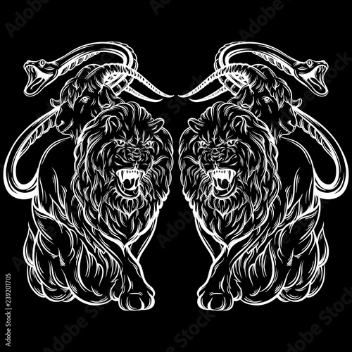 Vector hand drawn illustration of chimera . Mythological magic religion victorian motif, tattoo design element. Heraldry and logo concept art. Template for card poster banner print for t-shirt.