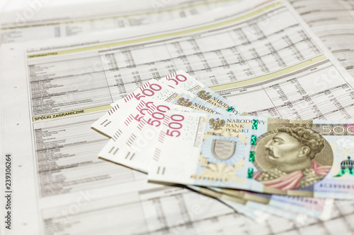 Plik banknotów 500 PLN na tle wyników finansowych spółek