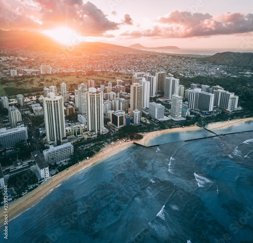 Skyline of Waikiki, Honolulu, Oahu, Hawaii while sunrise