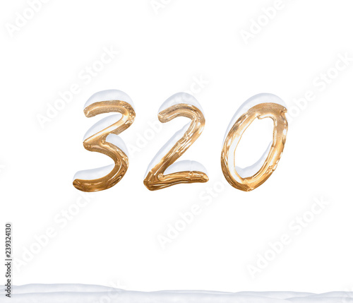 Gold Number 320 with Snow on white background