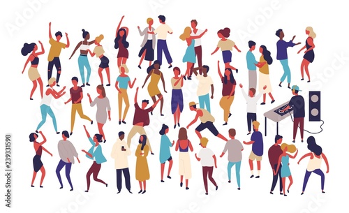 Crowd of tiny people dancing on dance floor at night club isolated on white background. Happy of men and women having fun at party or music festival. Colored vector illustration in flat cartoon style.