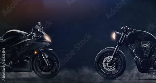 Sports and classic black motorcycles facing each other on dark background with smoke (3D illustration)