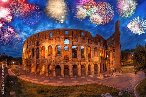 Colosseum with firework in Rome, Italy