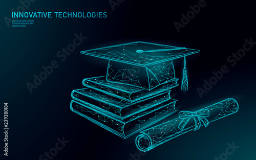 E-learning distant graduate certificate program concept. Low poly 3D render graduation cap, books, diploma polygonal modern design banner template. Internet education course degree vector illustration