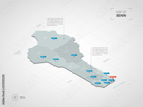 Isometric 3D Benin map. Stylized vector map illustration with cities, borders, capital, administrative divisions and pointer marks; gradient background with grid. 