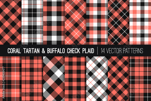 Coral, White and Black Tartan and Buffalo Check Plaid Vector Patterns. Living Coral - 2019 Color of the Year. Flannel Shirt Textures. Hipster Fashion. Checkered Background. Pattern Tile Swatches Incl