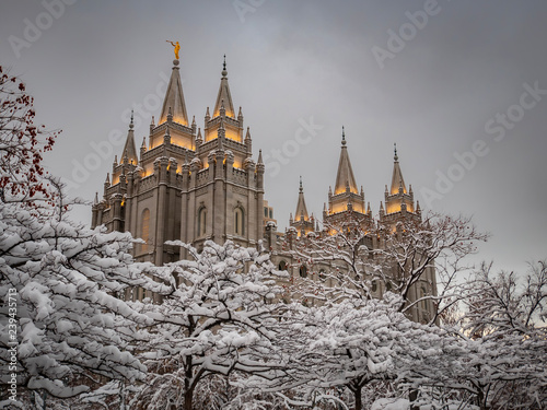 The LDS Temple in Salt Lake City after a snow storm