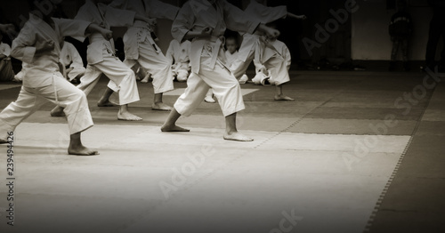 Children's training on karate-do. Banner with space for text. For web pages or advertising printing. Photo without faces, from the back.