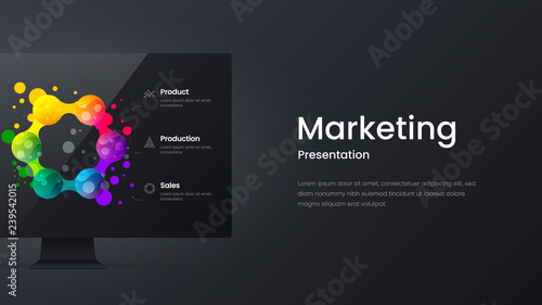 Creative horizontal website screen for responsive web design project development. Monitor mock up bright colorful banner layout. Corporate marketing landing page block vector illustration template.