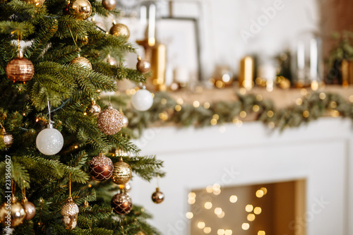 Christmas tree. Holiday interior background