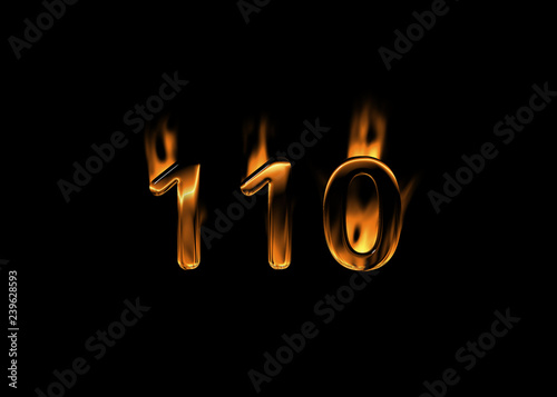 3D number 110 with flames black background