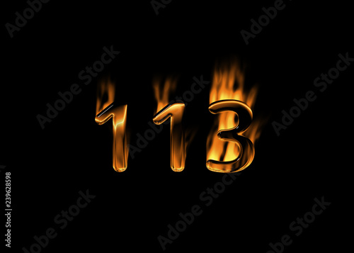 3D number 113 with flames black background