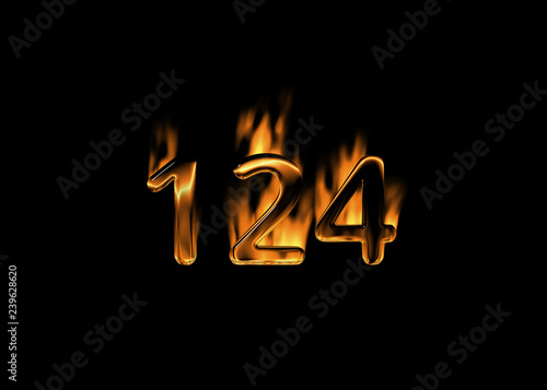 3D number 124 with flames black background