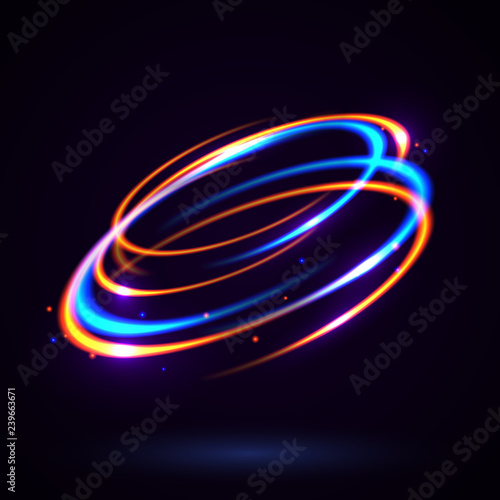 Vector light effect. The object s light stroke. Circular lens flare. Abstract rotational lines. Power energy element. Luminous sci-fi. Shining neon lights cosmic abstract frame. Magic round frame.