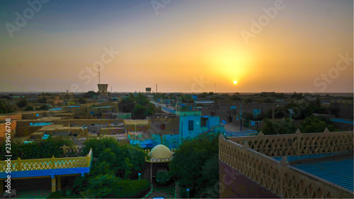 Aerial sunrise panoramic view to Agadez old city, Air, Niger