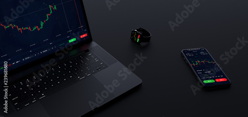 Stock exchange concept app running on laptop, phone and smart watch simultaneous (3D illustration)