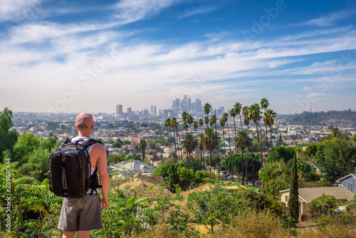 Tourist looking at the downtown panorama of Los Angeles