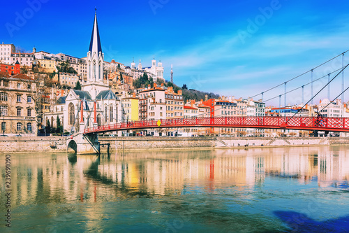 Saint Georges footbridge and the Saint Georges church in Lyon, France
